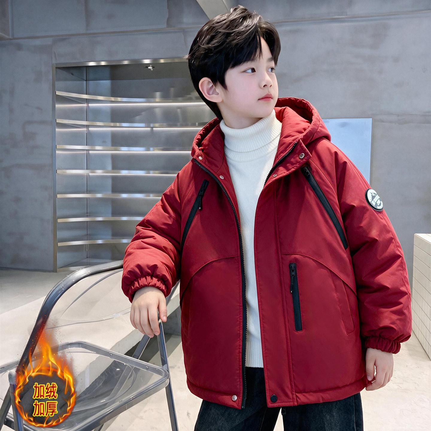 男童秋冬加绒抗寒韩版派克棉服