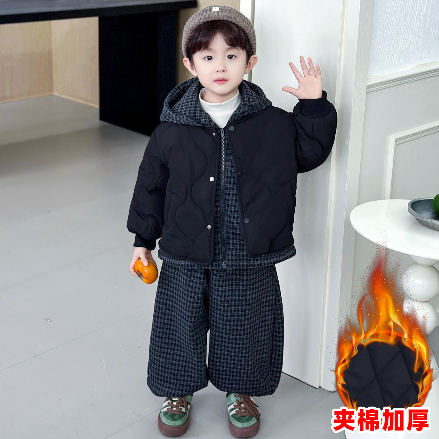 男童秋冬假两件夹棉加厚棉服套装