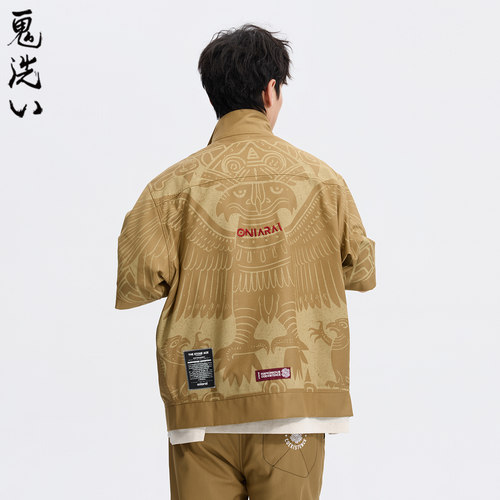 ONIARAI/鬼洗26春夏黑标石器时代鹰神暗花壁画短袖外套男 A340023