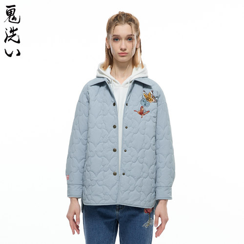 泥棒蓝饰签蝴蝶绣花薄棉衬衫