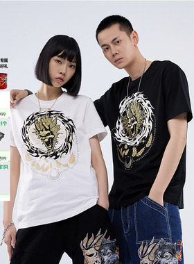 ONIARAI/鬼洗SS黑金火焰亮片刺绣短袖T恤男女同款 B840205