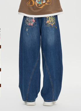 ONIARAI/鬼洗25秋冬棒达摩樱花弯线廓形分割牛仔长裤男式 25N4409