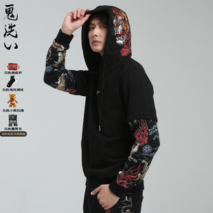 oniarai鬼洗 新品 泥棒蓝猎豹假两件男士 连帽套头卫衣N240042 春季