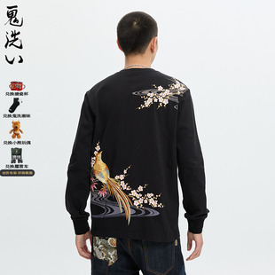 ONIARAI 男式 T恤 24NOB62 鬼洗24秋冬泥棒蓝风月金凤凰绣花长袖