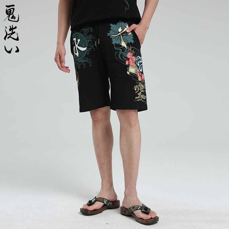 oniarai鬼洗 SS泥棒蓝五轮印绣花男士针织休闲五分裤男 N540064