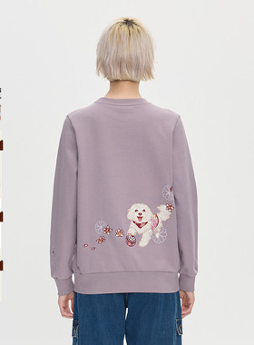 ONIARAI/鬼洗25秋冬泥棒蓝女款来福犬刺绣花布拼接卫衣 25NOB55