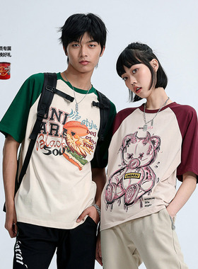 ONIARAI/鬼洗23新情侣复古印花贴钻插肩袖短袖T恤男女款 B840182
