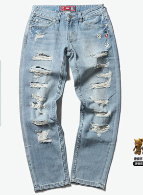 oniarai鬼洗 秋季潮流 女士牛仔长裤 泥棒蓝灵猫破洞裤女 9N7411