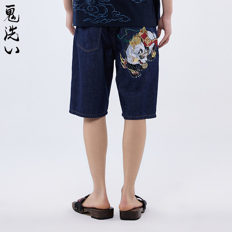 ONIARAI/鬼洗SS泥棒蓝转运食铁兽刺绣牛仔短裤男士 23N0543