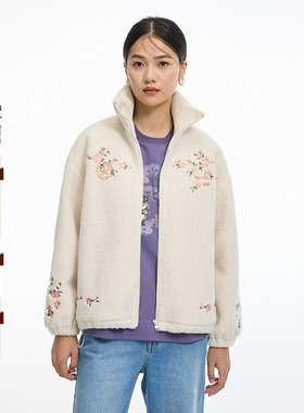 ONIARAI/鬼洗24秋冬新品泥棒蓝女款繁花羊羔绒休闲外套 N340200