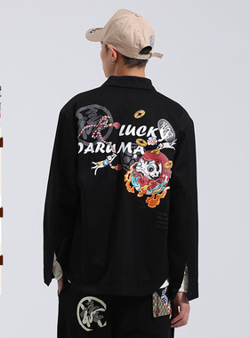 ONIARAI/鬼洗AW潮牌棒系列火烧达摩印绣花男士衬衫外套 N140014