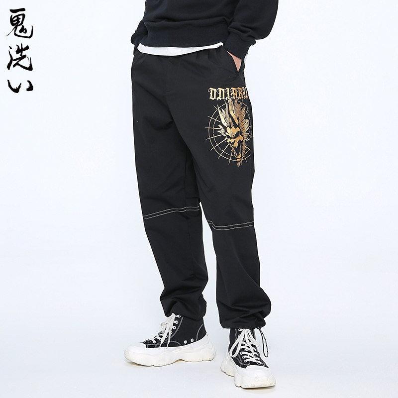oniarai鬼洗 春夏潮牌烫金鬼头印花男士休闲长裤情侣款 22B6401