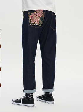 ONIARAI/鬼洗25秋冬泥棒蓝赤焰唐狮绣花智调温牛仔裤男式 25N5404