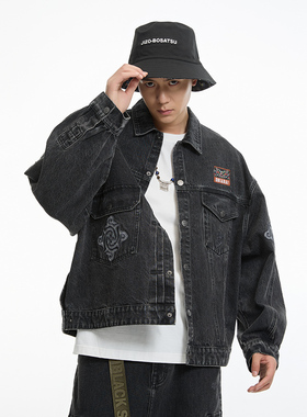 ONIARAI/鬼洗24秋冬卷云纹贴布绣廓形黑牛男式宽松夹克  B340202