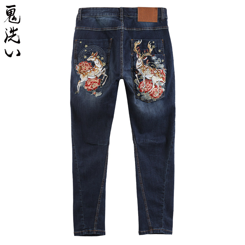 ONIARAI/鬼洗秋季泥棒蓝奈良鹿绣花男士直筒刺绣牛仔裤 20N0644