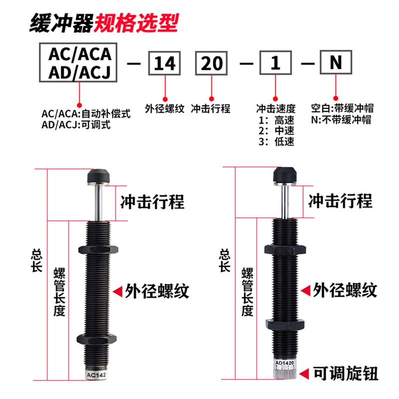 亚德客型气动液压油压缓冲器阻尼器AD可调机械手AC0806/1007/1416