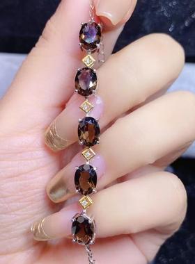 新款S925银镶嵌天然茶晶主石6*8MM气质手链女简约轻奢百搭手饰