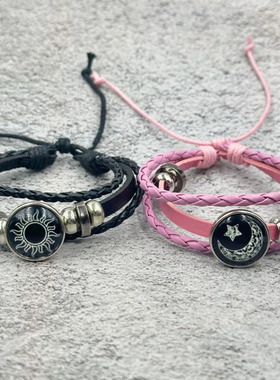 夜光日月恋人时光宝石手链男女通用复古手工多层串珠编织皮革手链