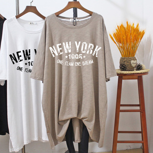 夏季 200斤长款 竹节棉印花t恤女慵懒风 胖mm显瘦遮肚子宽松大码 短袖