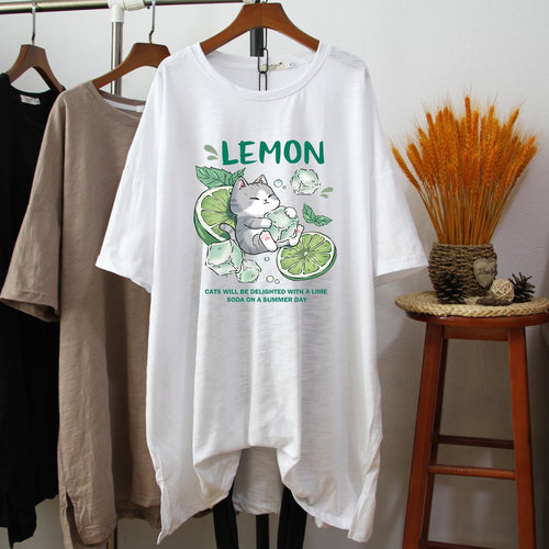 夏季纯棉宽松大码小猫印花女T恤