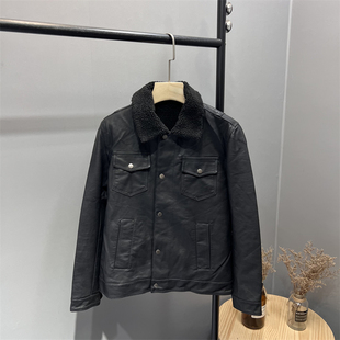 吊卡78英镑 男士 冬季 翻领皮衣夹克外套潮 羊羔绒 出口英伦