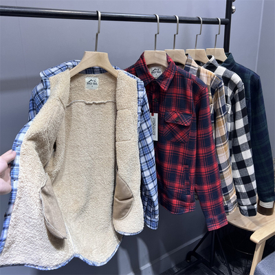 加绒加厚休闲格子长袖衬衫外套男