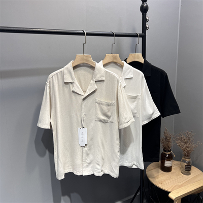 气质古巴领！柜79欧 夏季男士亚麻纯色口袋透气宽松休闲短袖衬衫