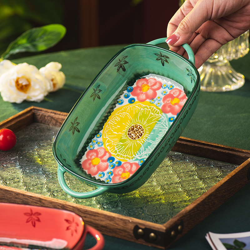 绿影盘子家用陶瓷餐盘菜盘新款复古双耳长方盘高颜值空气炸锅烤盘