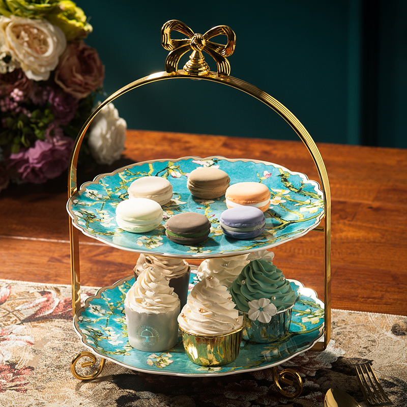 双层蛋糕盘架英式下午茶点心甜品水果盘陶瓷家用骨瓷婚礼托盘欧式