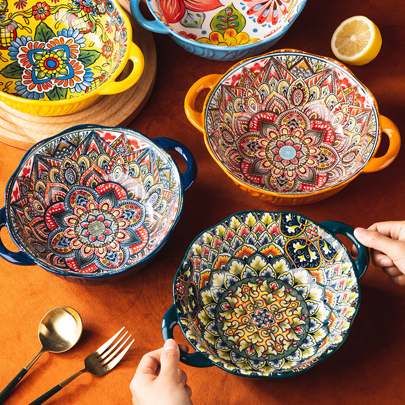 波西米亚双耳碗汤碗家用陶瓷碗个人泡面碗餐具面碗大碗汤盆沙拉碗-封面