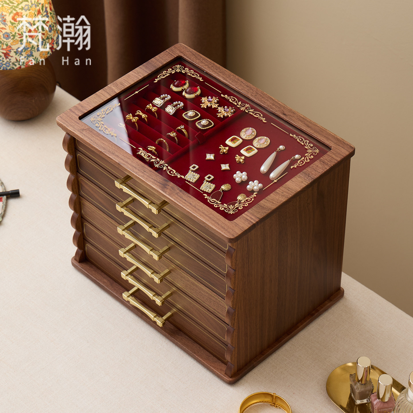 梵瀚 木质首饰盒新婚礼物大容量轻奢珠宝收纳盒多层复古手饰盒
