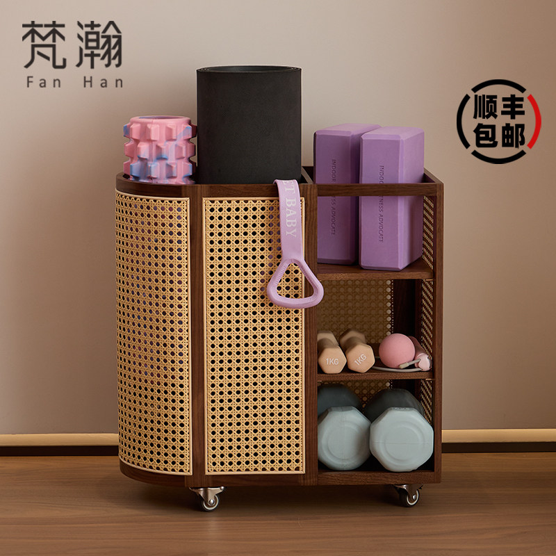 梵瀚瑜伽垫收纳筐带轮实木大容量家用夹缝远动用品健身器械置物架