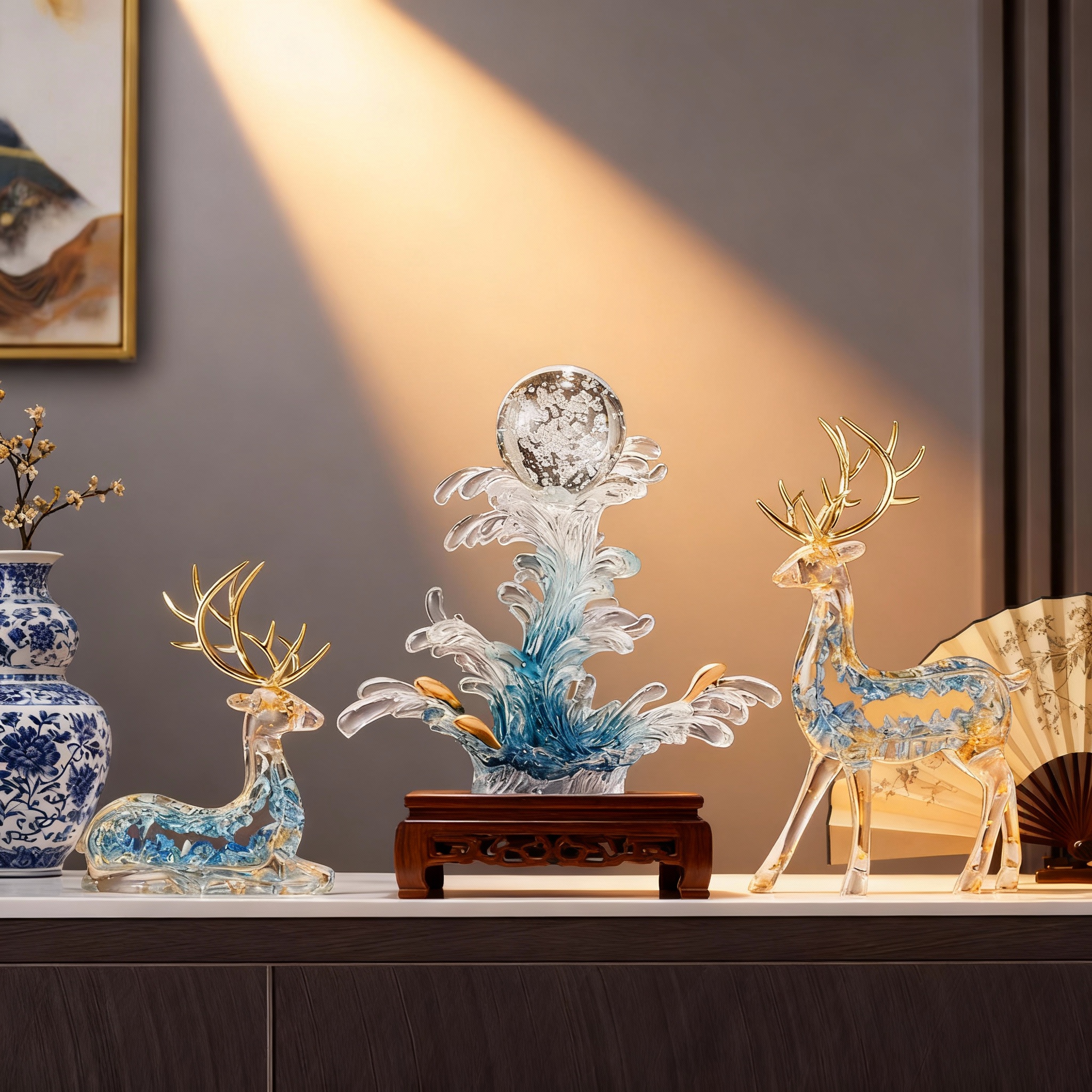 水晶鹿摆件吉祥如意图案