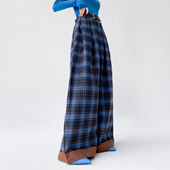 AKSAYA高级感时髦洋气蓝色格子裤 女秋冬新款 休闲毛呢裤 高腰阔腿裤