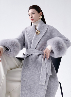 AKSAYA高级感赫本风中长款双面呢外套高端气质灰色羊绒大衣女秋冬