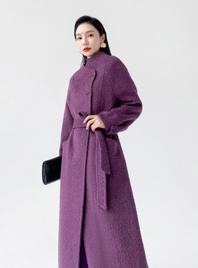 AKSAYA高端时尚宽松紫色双面呢大衣系带中长款毛呢外套女秋冬新款