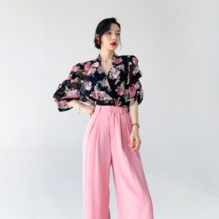 印花衬衣女夏季 AKSAYA高级感港风复古时髦洋气短袖 领薄款 衬衫 西装