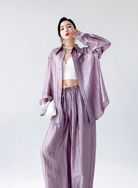 AKSAYA高级感时尚醋酸套装薄款紫色防晒长袖衬衣长裤二件套女夏季