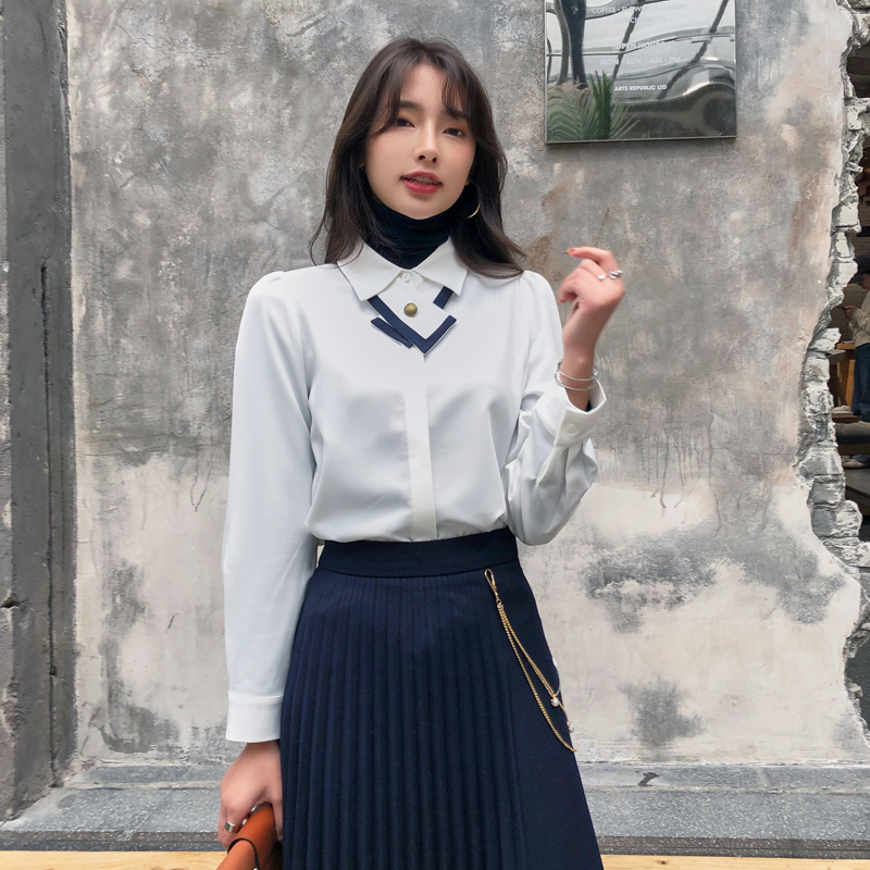 AKSAYA设计感小众气质学院风上衣白色衬衣海军领结长袖衬衫女春秋
