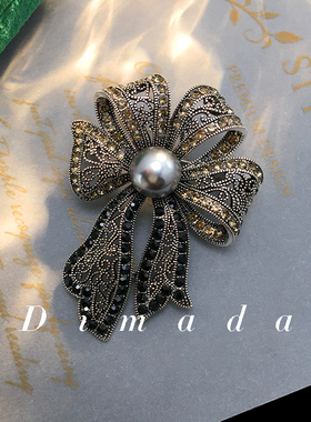 D.M.D/迪曼达灰色珍珠蝴蝶结胸针高档女胸花别针设计感西装配饰