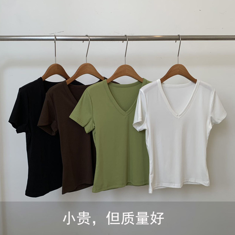 天丝棉女V领短袖修身透气T恤