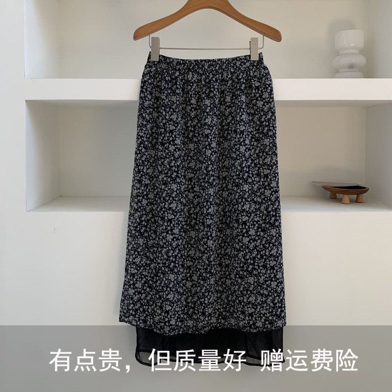 高腰碎花A字裙女款双层中长裙显瘦百搭松紧腰半身裙简约遮跨显瘦