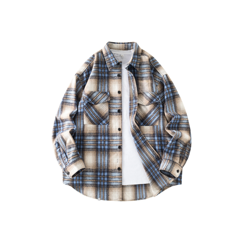 2025秋冬复古格子衬衫外套男女宽松百搭潮流落肩翻领毛呢外套衬衫