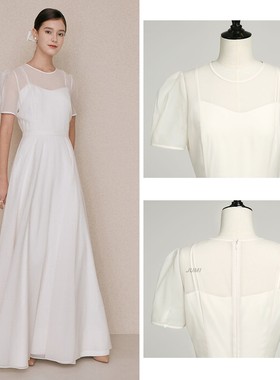 BAU短袖蕾丝连衣裙年会礼服2025轻奢知性透明肩袖连衣裙公主裙