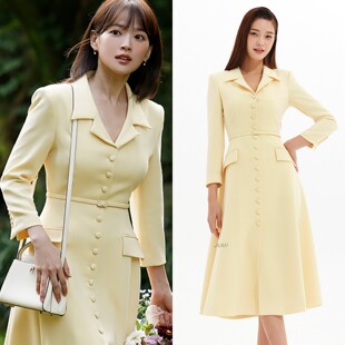 赵茹珍同款西装领单排扣大衣2025长袖修身中长款连衣裙女春a字裙
