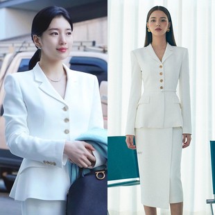 西装 安娜裴秀智同款 通勤套装 2025单排扣修身 半身裙 外套女中长款