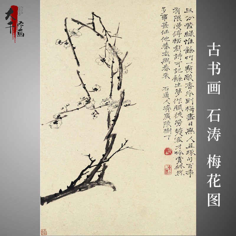 古书画 石涛 梅花图 水墨写意花卉国画 花鸟册页 美术 微喷复制