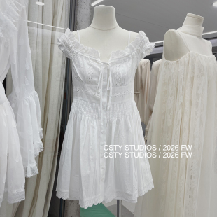 芭蕾风氛围感收腰打揽仙女短裙 新款 法式 白色刺绣镂空连衣裙女夏季
