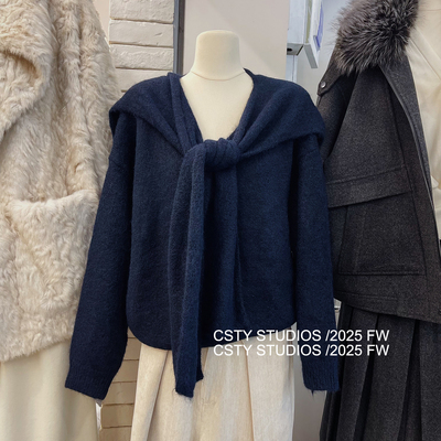 松弛气质披肩V领真两件毛衣套装女秋冬新款宽松显瘦休闲针织上衣