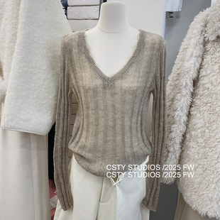 松弛感V领微透坑条针织衫女春季新款修身显瘦长袖百搭打底衫上衣